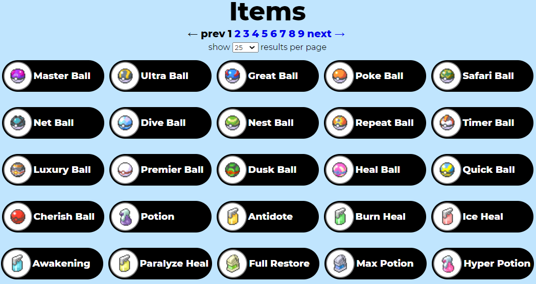 Pokémon Items listing