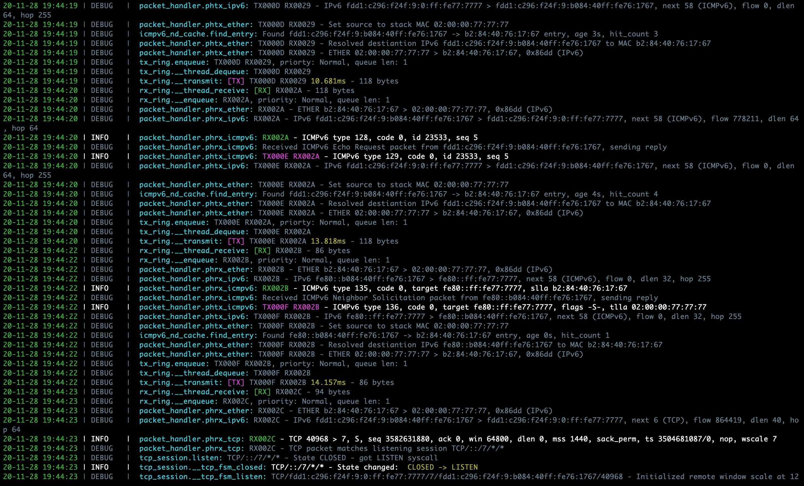 Sample PyTCP log output