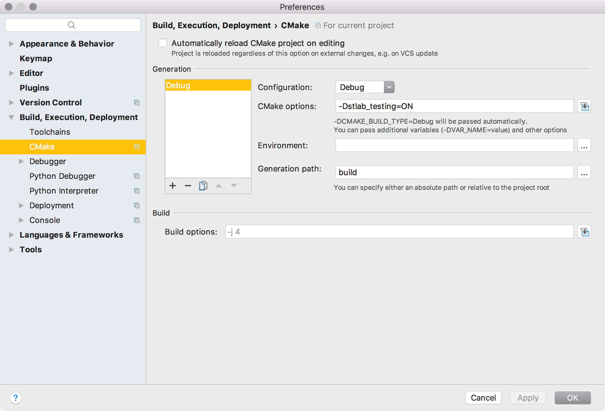 CMake Project Preferences