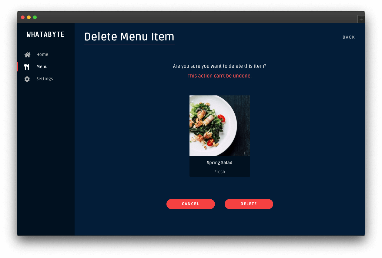 Page to delete the salad item