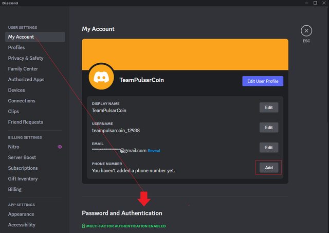 04. Scroll down in "My Account" to enable 2FA in discord