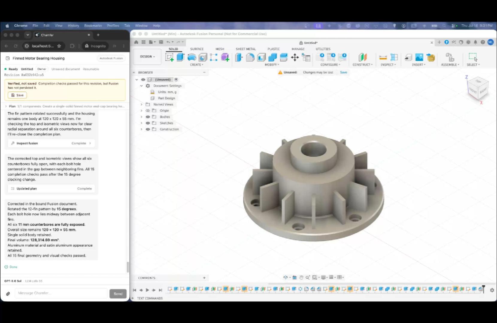 Watch Chamfer drive Autodesk Fusion: a finned motor bearing housing built and visually verified from one prompt