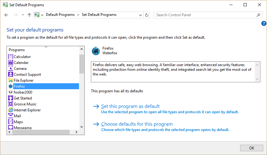 Screenshot of Default Programs
