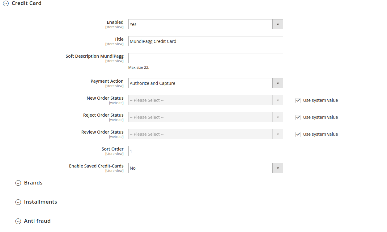 Credit Card Configuration Screen