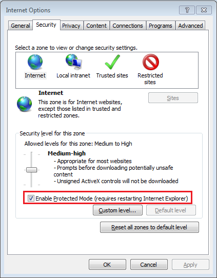 Internet Options Security Settings