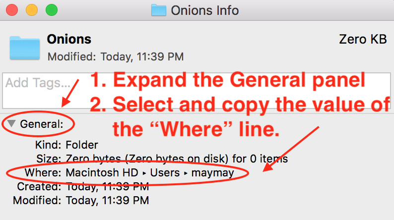 Screenshot of the macOS Finder's "Get Info" window for a folder named "Onions" in a user's home folder.