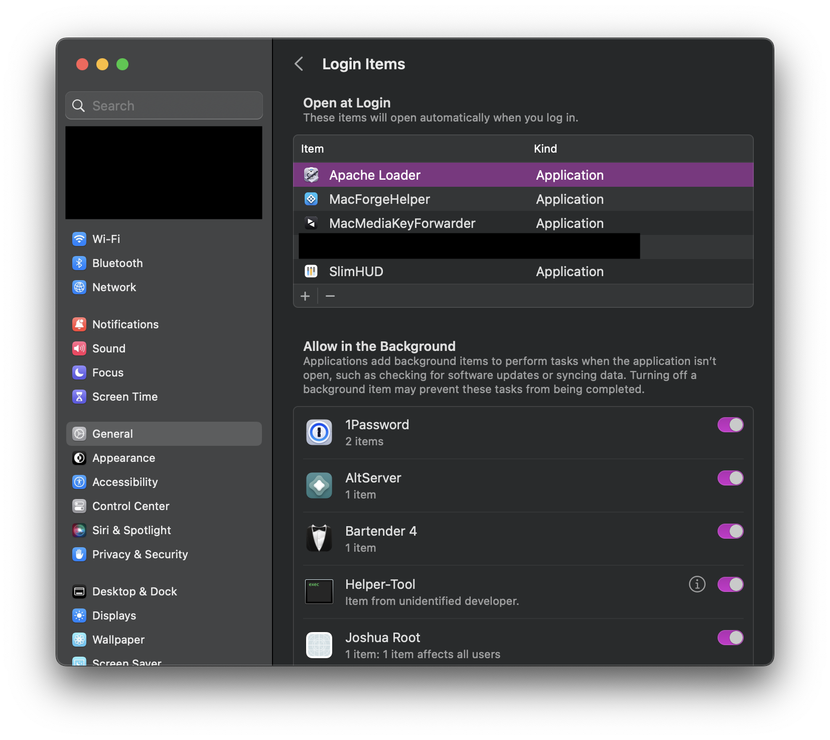macOS Login Items settings