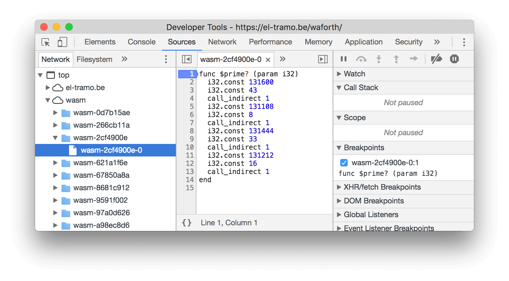 Debugger view of a compiled word