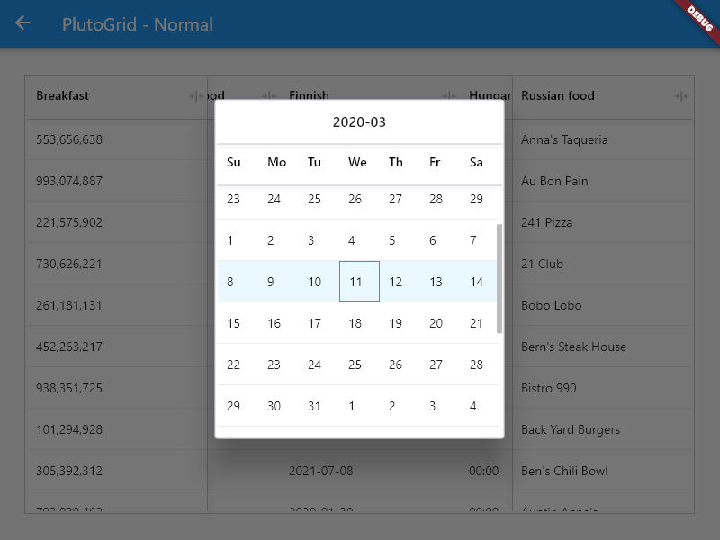 PlutoGrid Select Date