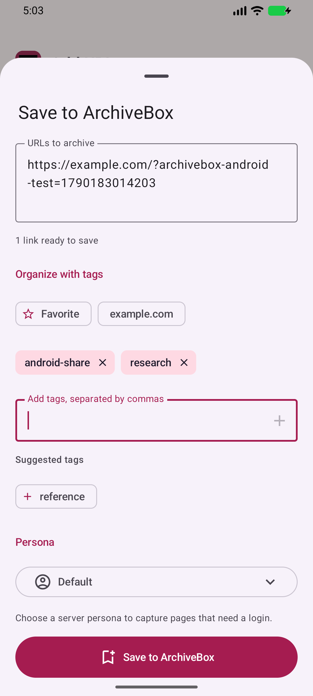 ArchiveBox share sheet: save a URL with tags