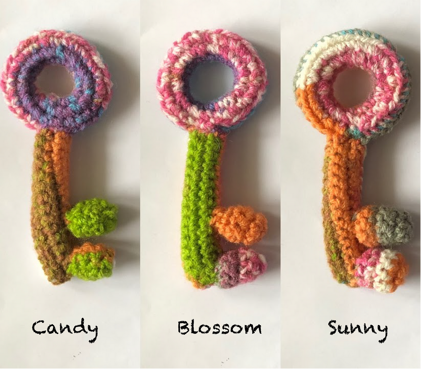 Three different crocheted keys that I named - Candy, Blossom, and Sunny