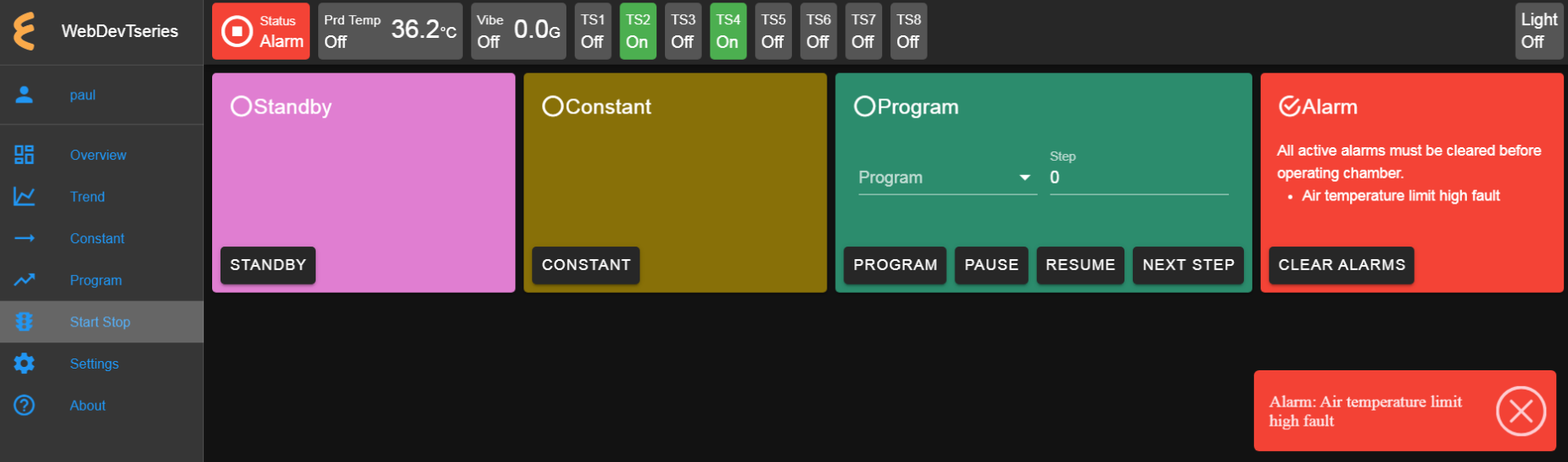 The Start/Stop menu with chamber in Alarm mode
