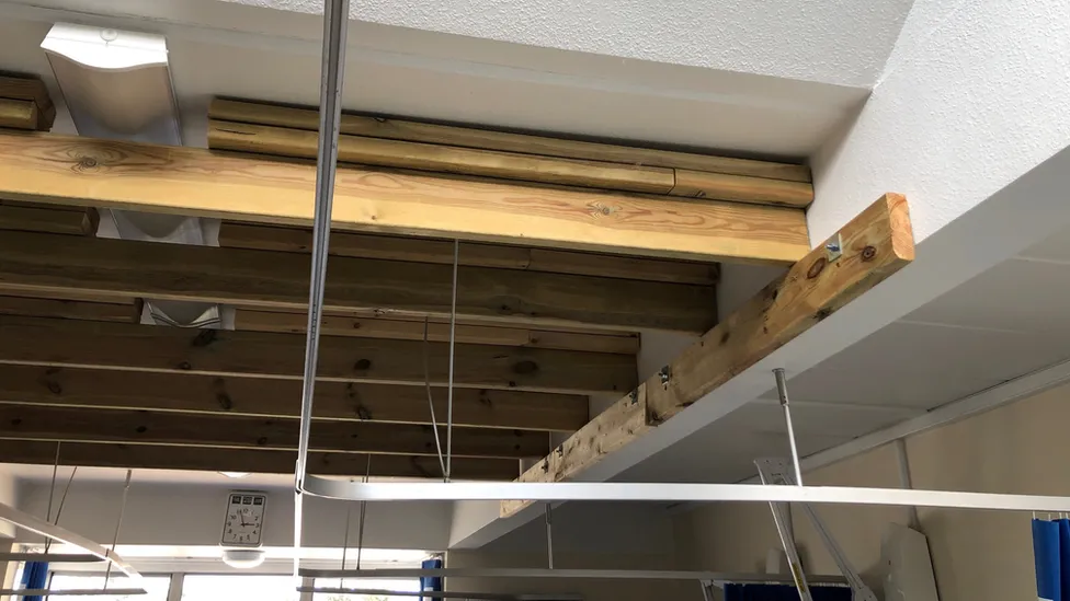 Beams and props holding up parts of the ceiling at a Norfolk hospital