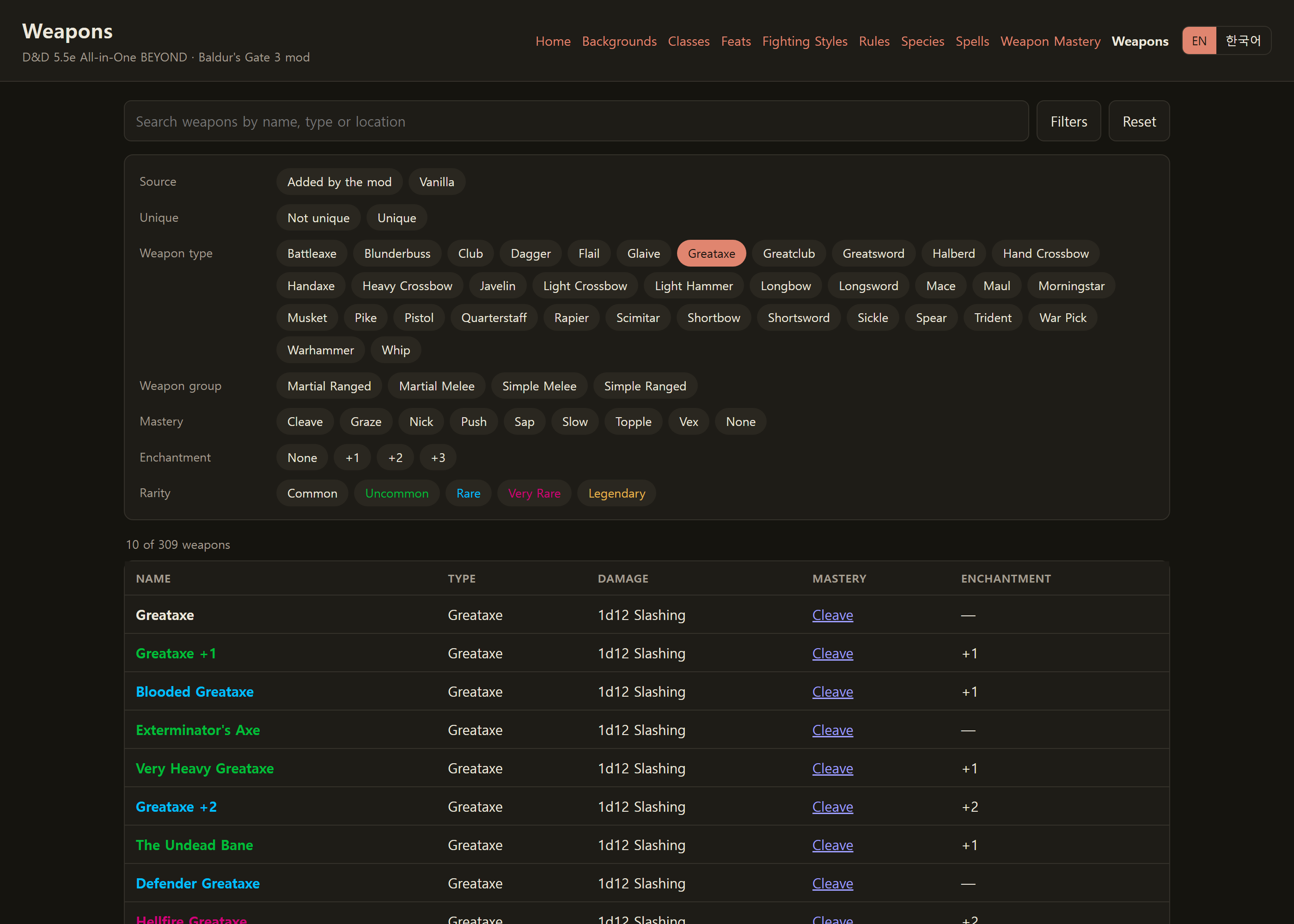 New data browser: search the mod's spells, classes, weapons and more ...
