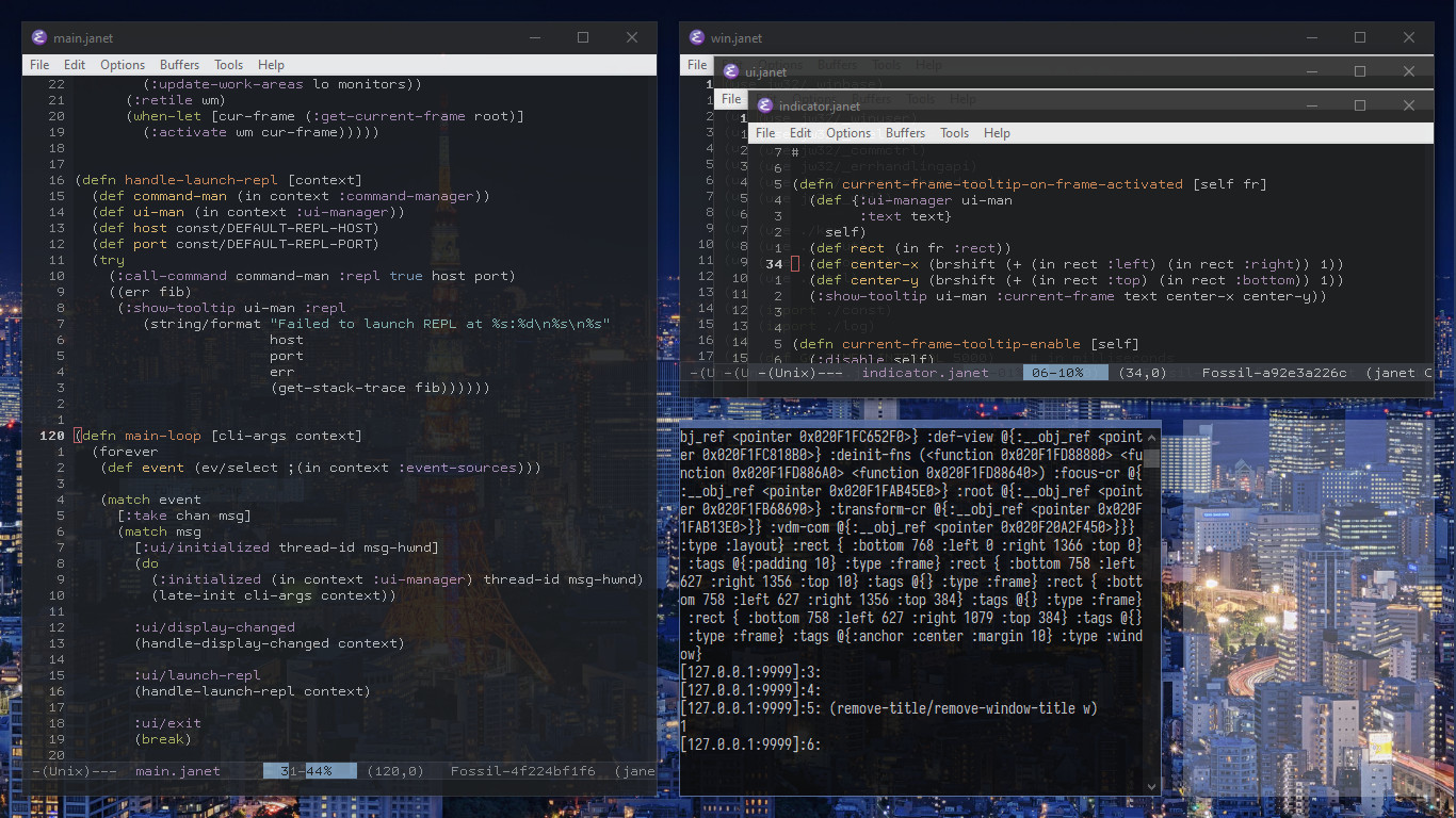 Jwno managing some Emacs frames, and its own REPL window.