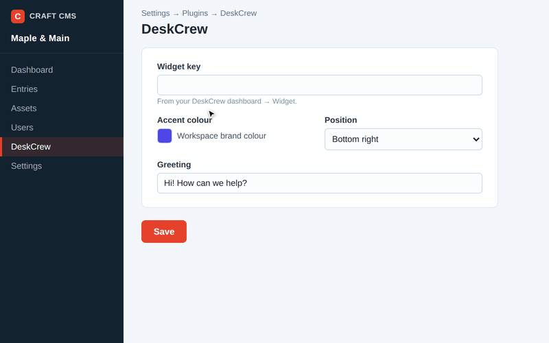 Configuring DeskCrew in the Craft CMS control panel, then the support widget answering a customer question on a Craft site
