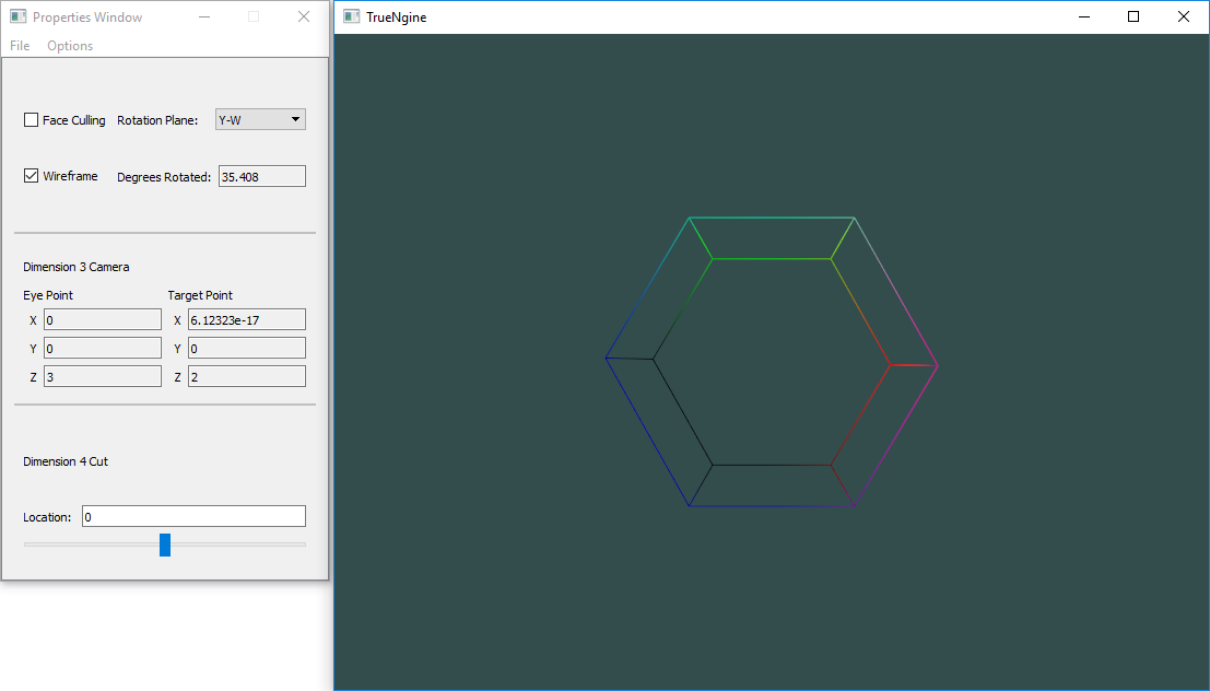 A Hypercube, rotated on the XW plane by 45 degrees, on the YW plane by 35 degrees, then cut at the point 0