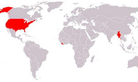 Map of countries not using the metric system at this time.