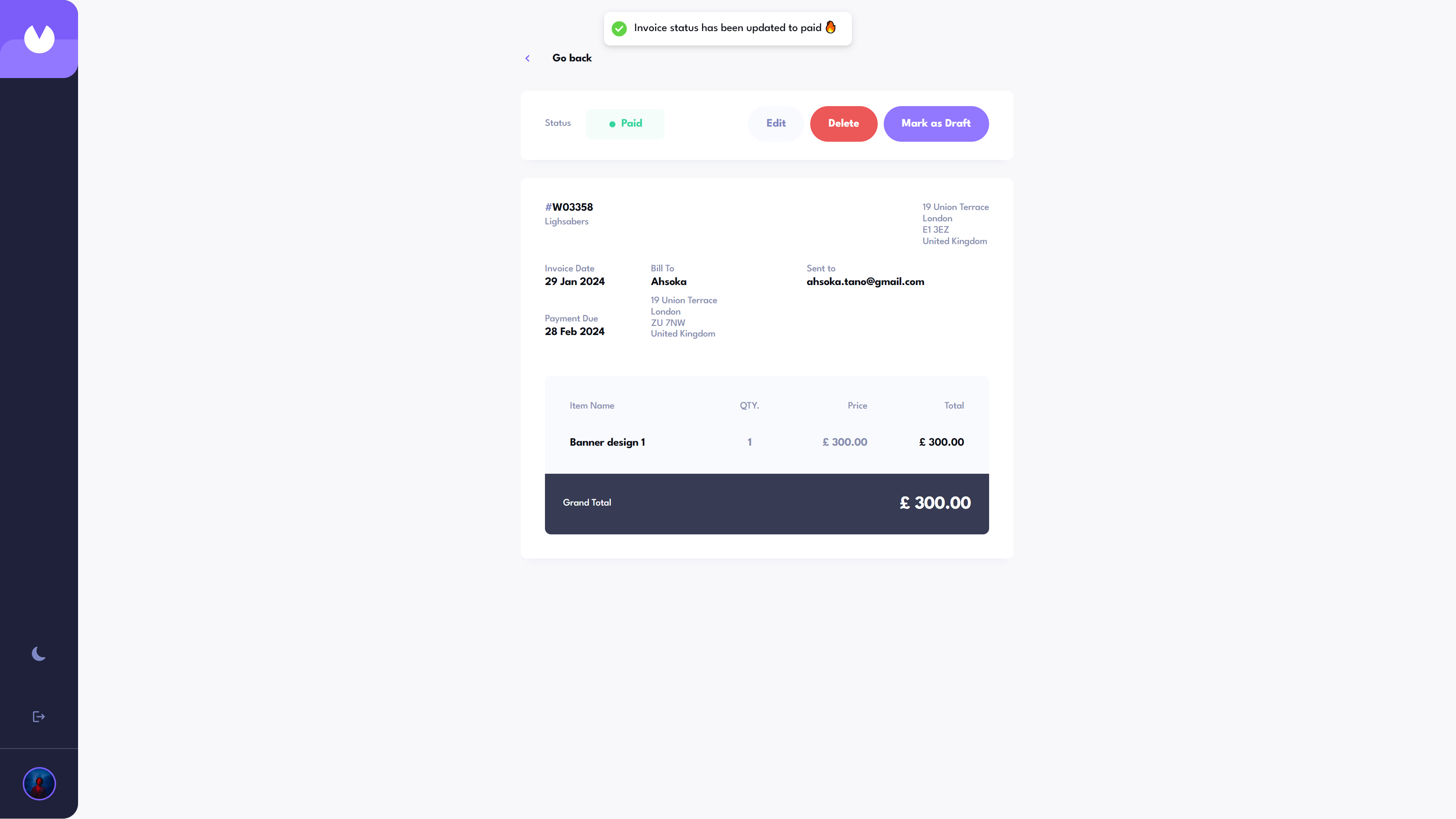 update invoice status toast light theme