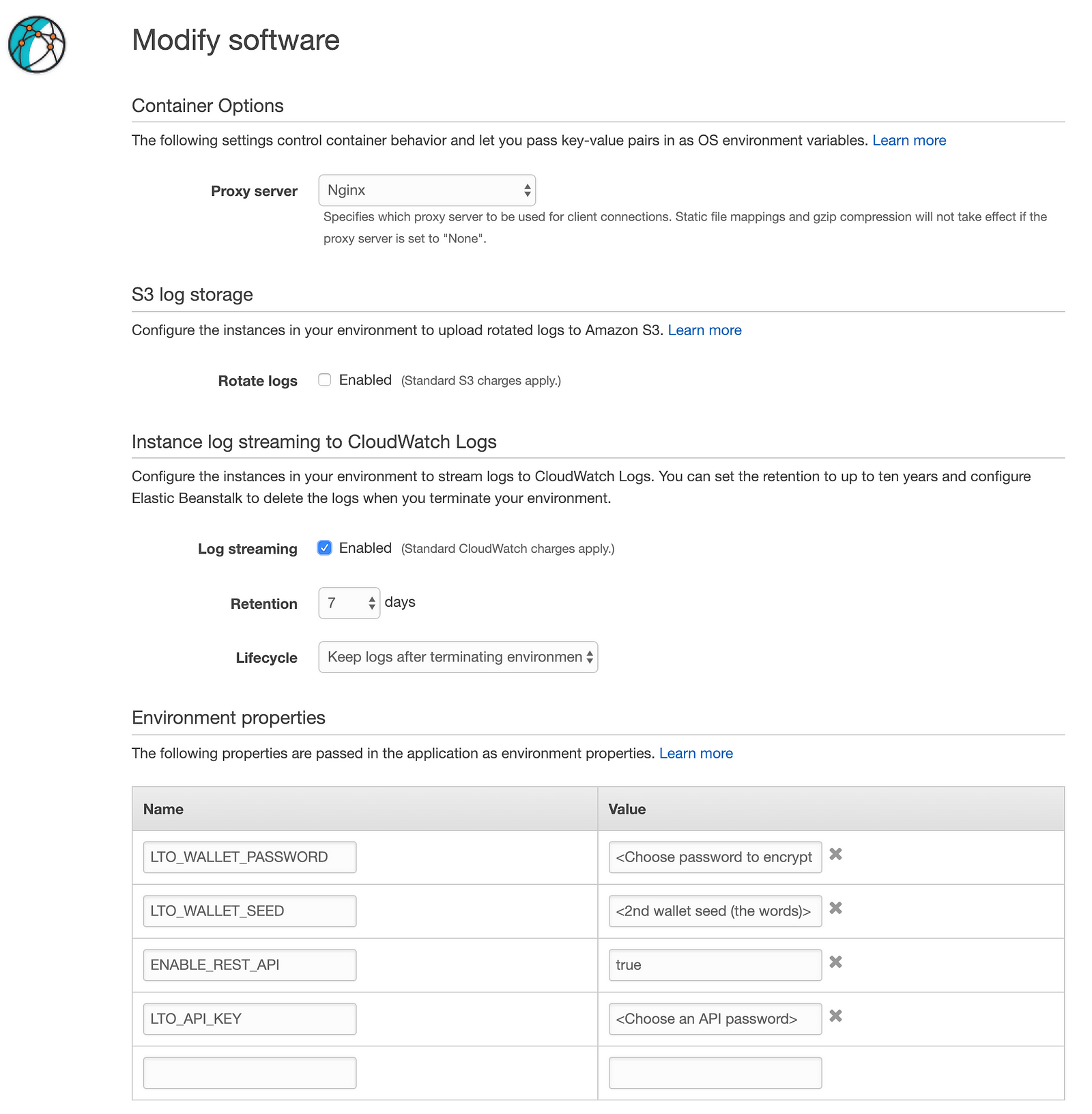 The Modify software screen.