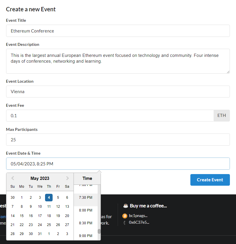 Screenshot of Event Create