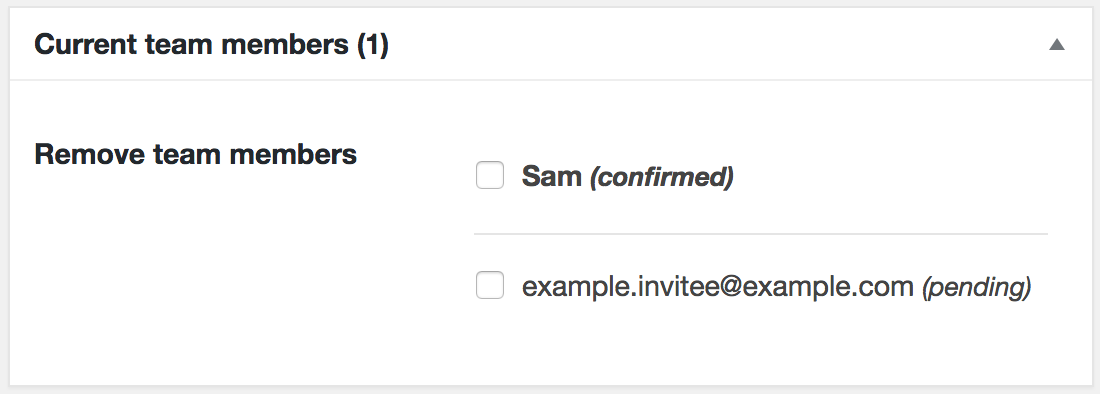 Screenshot of the "Current team members" post metabox showing one "confirmed" and one "pending" user.