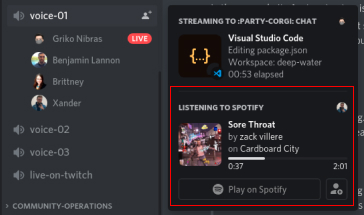 You can see who is streaming their music in a voice channel by hovering your cursor over it