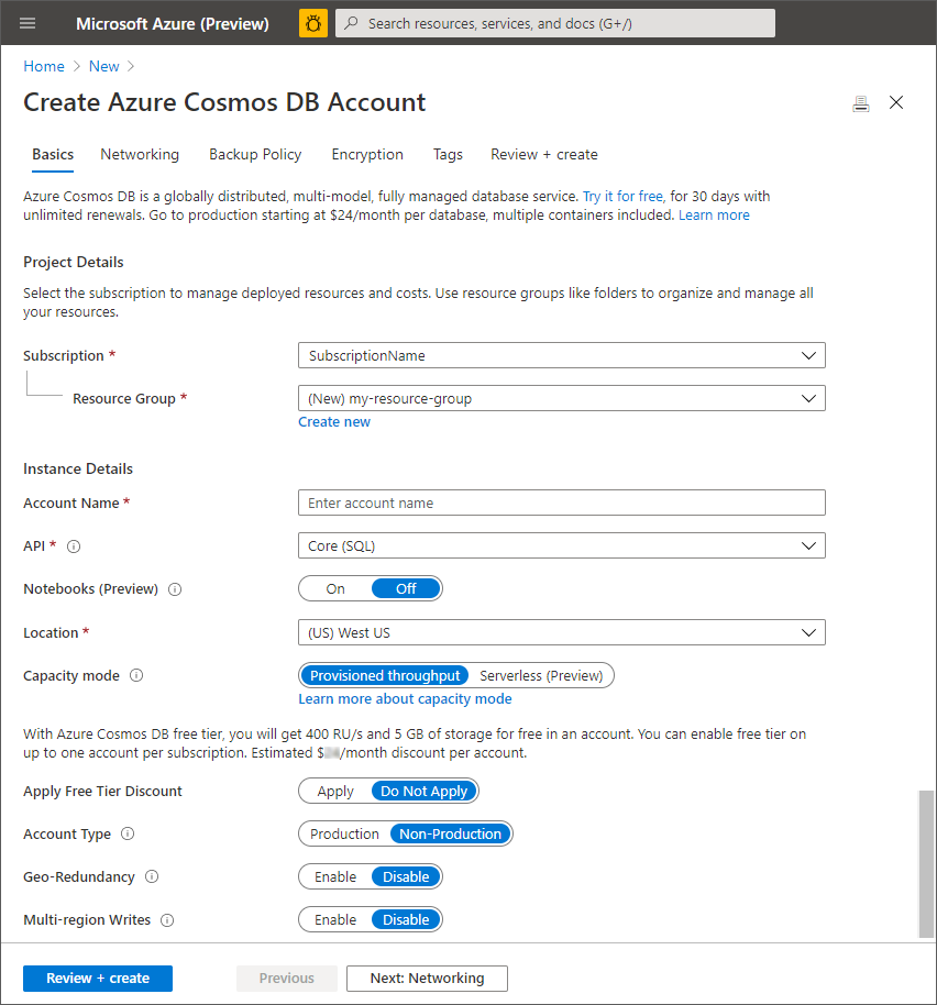 The new account page for Azure Cosmos DB