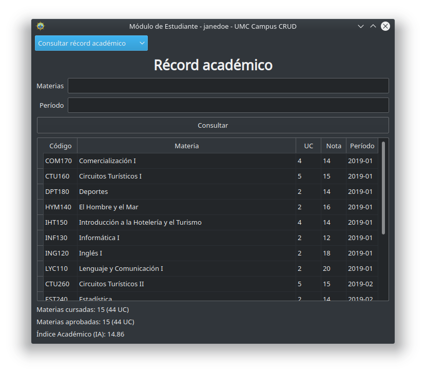 Ventana de consulta de calificaciones del estudiante (usuario janedoe)