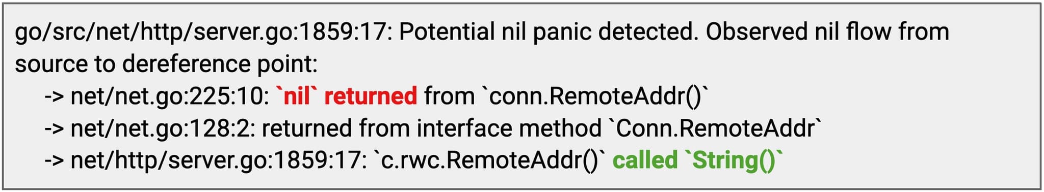 Figure 5: Error message reported by NilAway for the unsafe flow in Figure 2