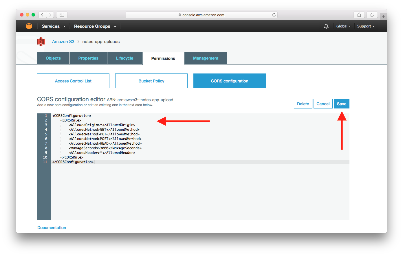 Save S3 Bucket CORS Configuration screenshot