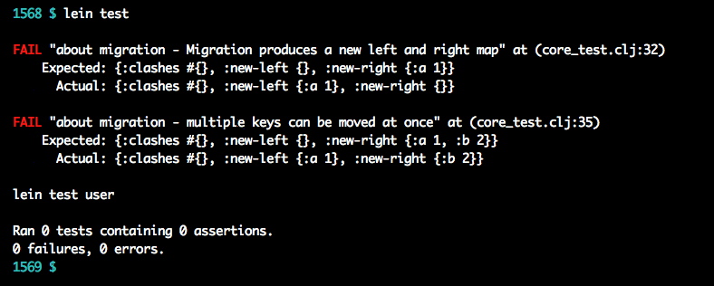 A midje failure message in lein test output