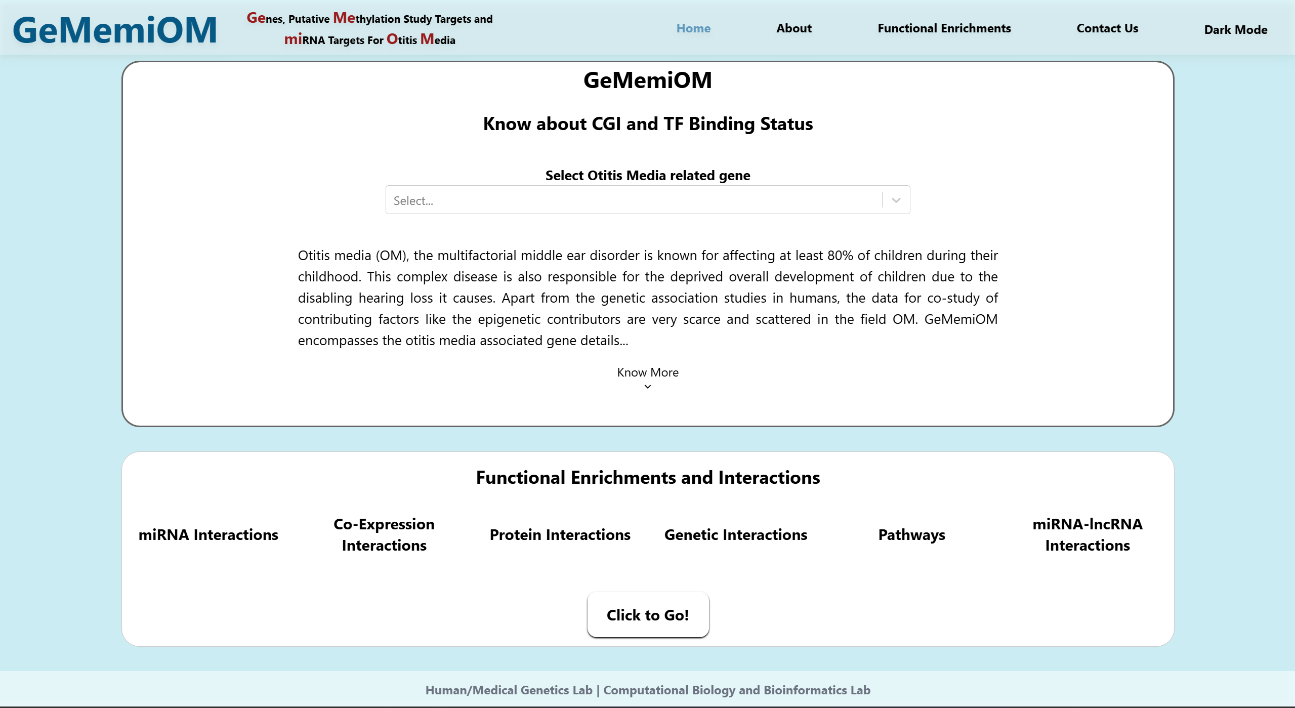 GeMemiOM interface showing otitis-media gene selection, CpG-island and transcription-factor binding information, functional enrichment, and biological interaction tools. Select to view the full-size screenshot.