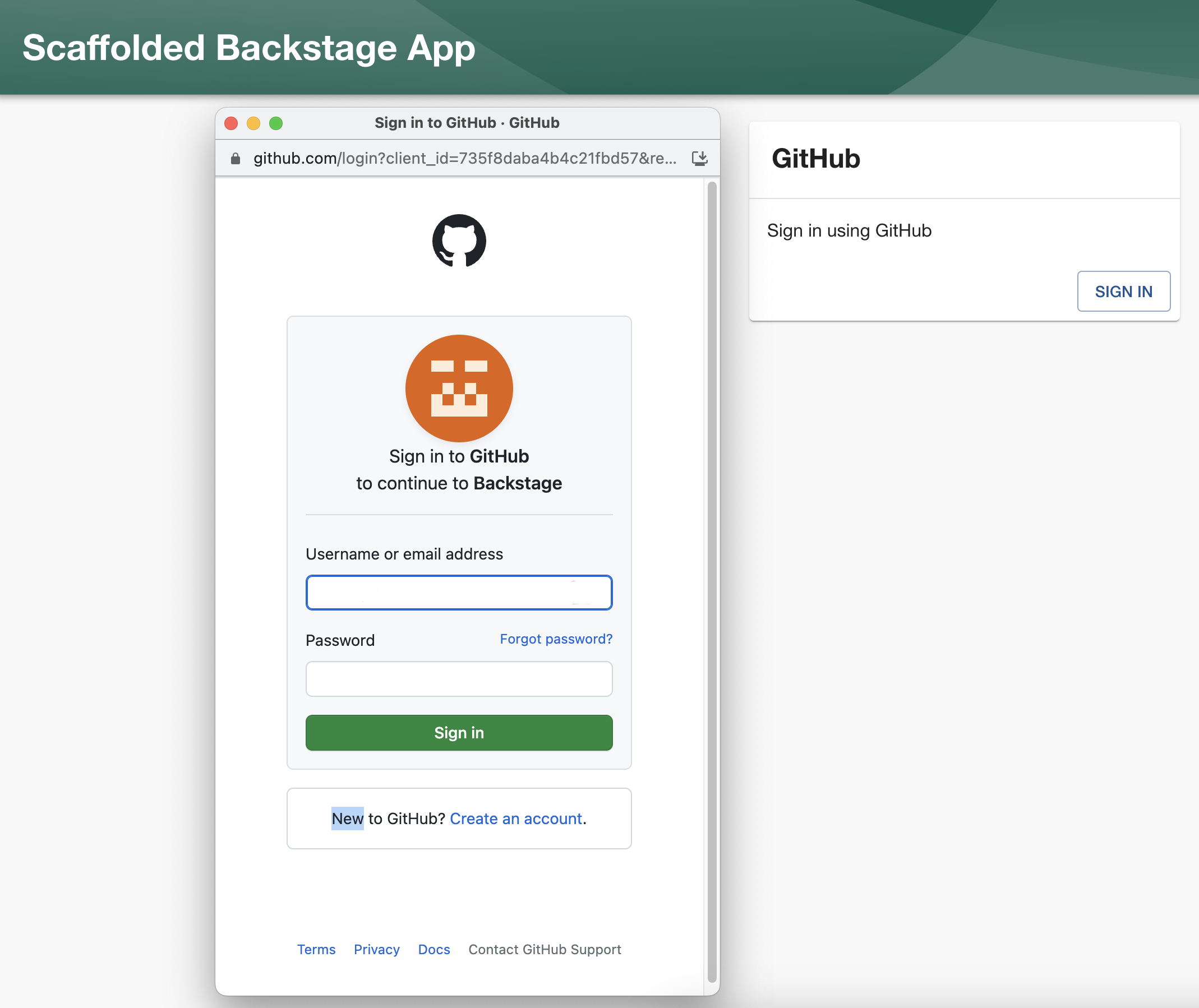 Backstage sign-in screen and GitHub sign-in pop-up