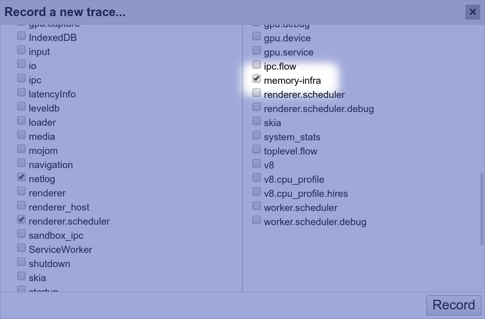 Tick the memory-infra checkbox when recording a trace.