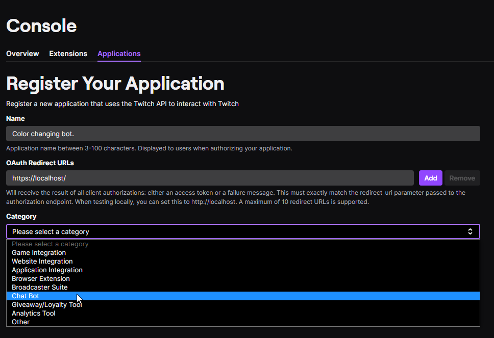 Image showing application registration screen