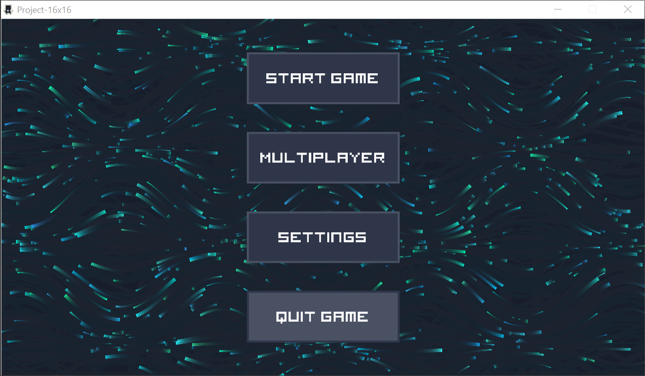 Showcasing the main menu, which features an animated background. Four buttons, start game, multiplayer, settings, quit game