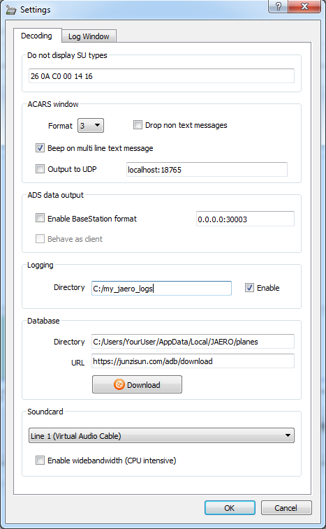 JAERO Settings Window