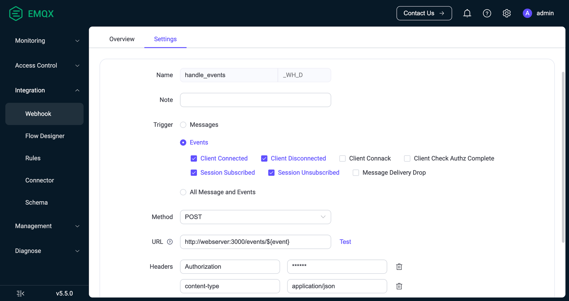 EMQX Webhook Settings