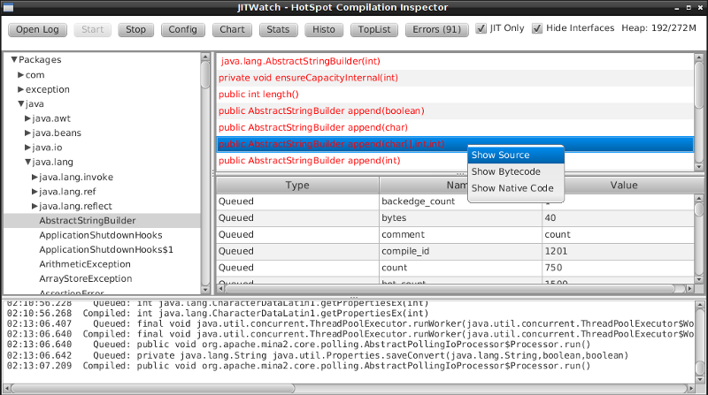 Right click a method to show source, bytecode, and assembly