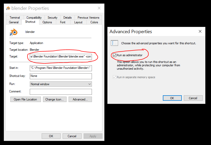 Blender shortcut properties