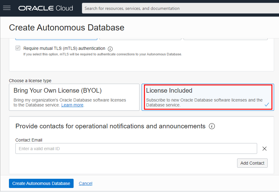 Alt text: Print da aba Create Autonomous Database do Oracle. Na seção Choose a license type, a opção License Included está selecionada e destacada com um retângulo de contorno vermelho sem preenchimento