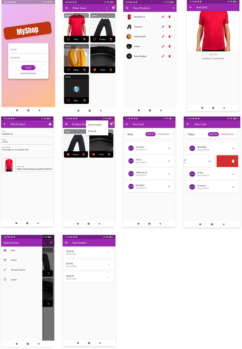 Flutter Shopping Cart App Screens