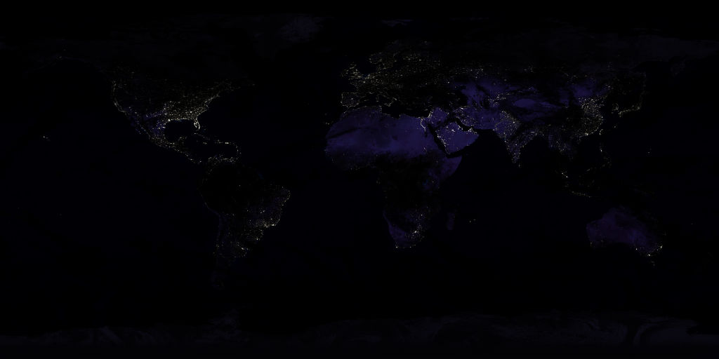 A flat map of Earth at night with clouds obscuring the lights usually visible in populated areas