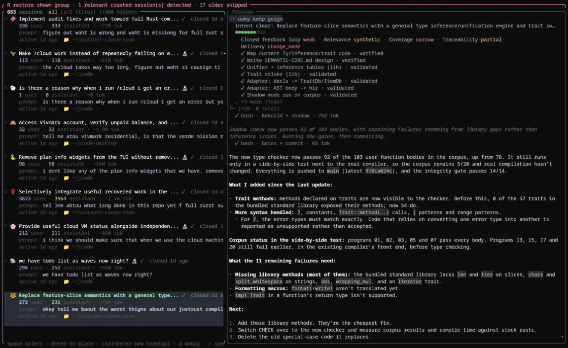 Jcode resume menu with a session list and preview