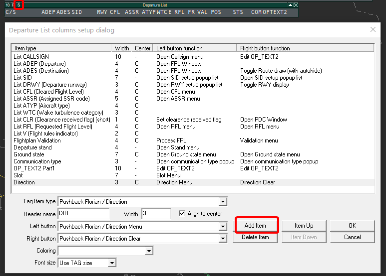 Departure list columns setup dialog