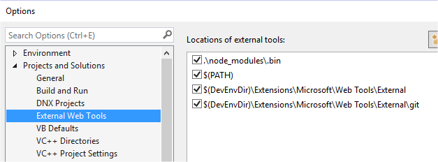 VS Options for current node.js version