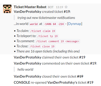 Example screenshot of ticket notifications in Slack