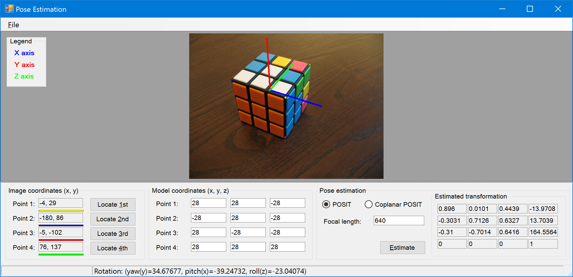 Pose estimation with POSIT and coplanar POSIT algorithms