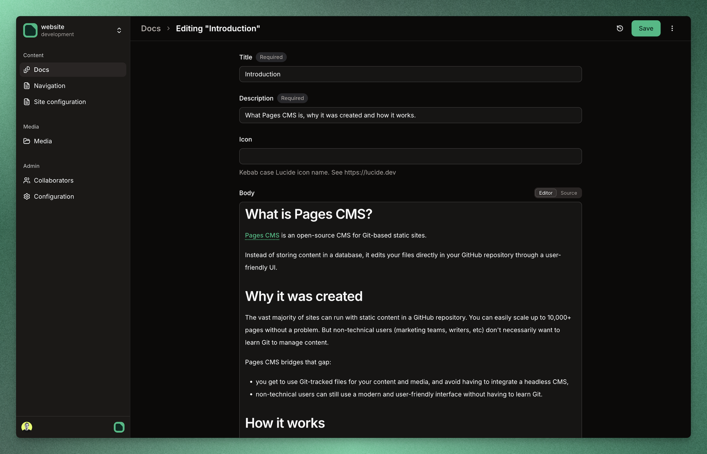 Screenshot of the Pages CMS editor